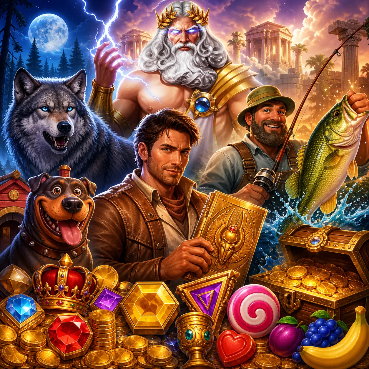 Promotional artwork for a slot game featuring a powerful mythological god with lightning, gold, and gems set against a divine