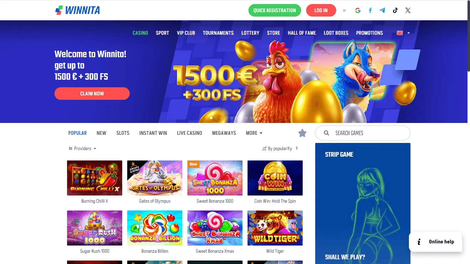 Winnita casino homepage desktop